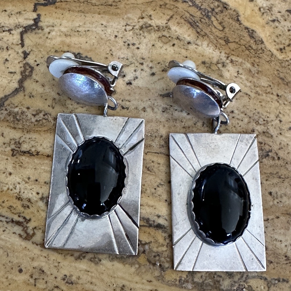 Navajo Nina Cook Johnson NJ Clip Earring 2.25 Inch Black Onyx Sterling 15.8g‎